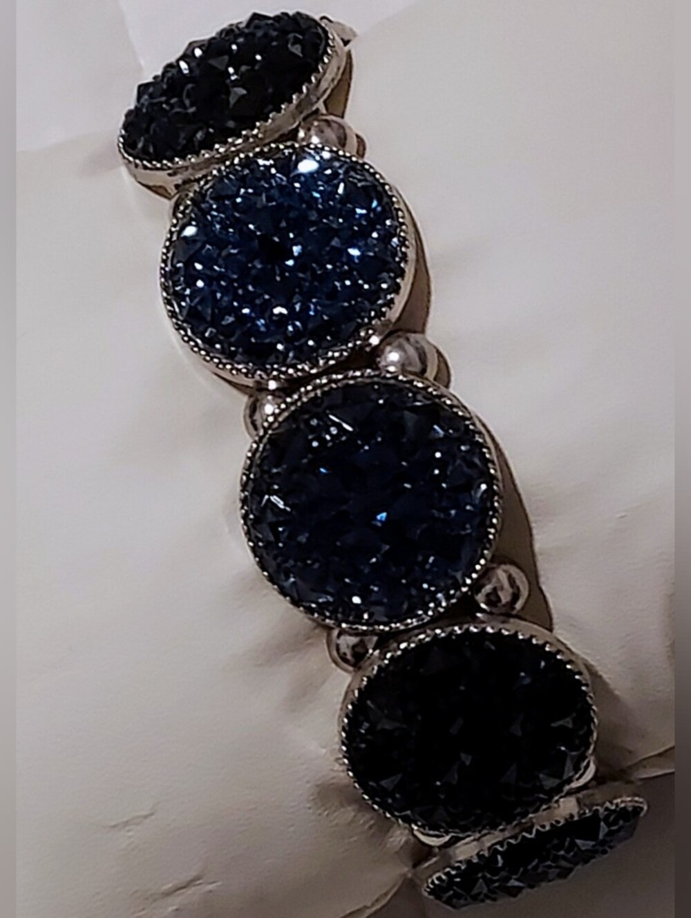 Silver Bracelet with Dark Blue Druzy Discs - Women's Jewelry